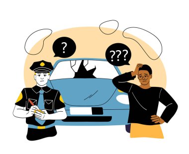 Kafası karışık bir sürücü hasarlı bir arabanın yanında dururken bir polis memuru rapor yazıyor. Düşünce kabarcıkları ve soru işaretleri kafa karışıklığını vurgular. Vektör illüstrasyonu