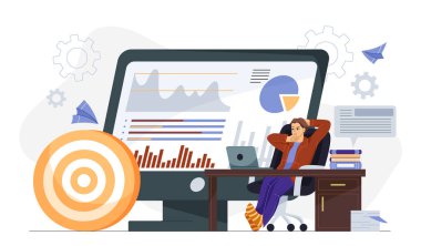 İşadamı ekranda veri tablolarıyla masada dinleniyor. Büyük hedef sembolü hedefleri temsil ediyor. Arka planda vitesler ve kağıt uçaklar var. İş stratejisi konsepti. Vektör illüstrasyonu