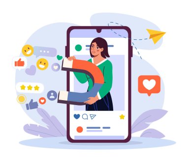 Mıknatısı olan bir kadın, akıllı telefon ekranından beğeni, yorum ve takipçileri çeker. Dijital pazarlama ve sosyal medya ilişki kavramı. Vektör illüstrasyonu