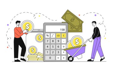 Hesap makinesi, bozuk para ve beyaz arka planda nakit para ile finansla ilgilenen iki kişinin resmi. Finansal yönetim, bütçe ve tasarruf kavramı. Vektör illüstrasyonu