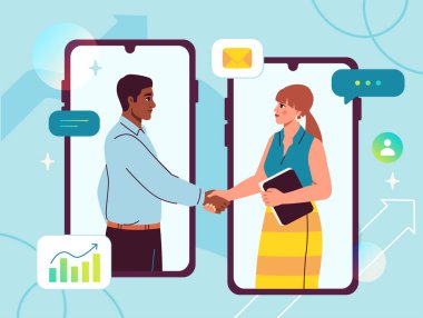 Akıllı telefon ekranlarından el sıkışan iki iş adamı, çevrimiçi ağ ve dijital iletişimi sembolize ediyor. Mavi arka planda iş büyümesi simgeleri. Vektör illüstrasyonu