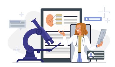 Kadın bir doktor, arka planda mikroskop ve tıbbi diyagramlar bulunan bir akıllı telefon vasıtasıyla çevrimiçi danışmanlık hizmeti sunar. Dijital sağlık hizmeti konsepti. Vektör illüstrasyonu