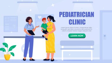 Anne ve çocuğu klinikteki çocuk doktorunu ziyaret ediyor. Doktor, mavi üniformalı, annemle konuşurken panoyu tutuyor. Çocuk sağlığı ve tıbbi danışmanlık kavramı. Vektör illüstrasyonu