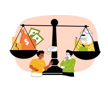 Para ve yiyeceği dengeleyen, ekonomik tercihleri sembolize eden bir ölçek. İki kişi mali kararları tartışıyor. Hafif arka planda minimalist vektör tarzı. Ekonomik denge kavramı. Vektör illüstrasyonu