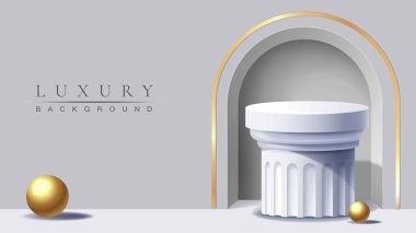 Beyaz klasik sütun kaidesi, altın kemer ve açık gri arka planda dekoratif küreler olan zarif bir lüks arka plan. Sofistike ve prestij kavramı. Vektör illüstrasyonu