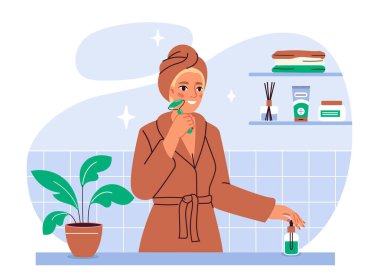 Kahverengi bornozlu bir kadın banyoda yüzünde yeşim bir silindirle cilt ürünleri, havlular ve fayanslı arka planda saksı bitkisi olan bir kadın. Sağlık konsepti. Vektör illüstrasyonu