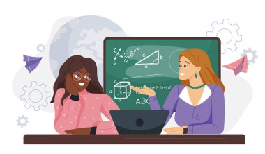Öğretmen ve öğrenci masa başında dizüstü bilgisayarla, karatahta ve geometrik formüllerin önünde matematik dersi aldılar. Arka planda vitesler, kağıt uçaklar var. Eğitim dersi kavramı. Vektör illüstrasyonu