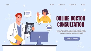 Doktor bir hastaya danışırken elinde röntgen tutuyor. Arka plan açık mavi ve tıbbi elementlerle dolu. Teletıp ve sanal sağlık hizmeti kavramı. Vektör illüstrasyonu