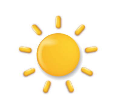 Yuvarlak ışınlı parlak sarı güneş ikonu, temiz beyaz arka planda çizgi film tarzında dizayn edilmiş. Güneşli hava ve sıcaklık kavramı. Vektör illüstrasyonu