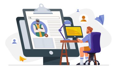 Masadaki adam, geniş ekran, düz grafik tarzda, modern çalışma alanı arka planına sahip aday profilini inceliyor. Başvuru sahiplerini işe alma veya reddetme kavramı. Vektör illüstrasyonu