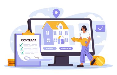 Elinde bilgisayar ekranının yanında altın bir anahtar tutan bir kadın. Beyaz arka planda imzalı bir kontrat ve bozuk paralarla birlikte bir ev sergiliyor. Dijital ev satın alma kavramı. Vektör illüstrasyonu
