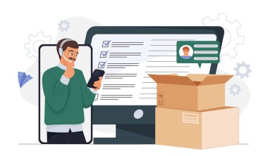 Kulaklık takan bir müşteri destek ajanı, sohbet yoluyla iletişim kuran ve ön planda kutular bulunan bir monitörde kontrol listesini kontrol eden bir akıllı telefon ekranında görünür. Vektör illüstrasyonu