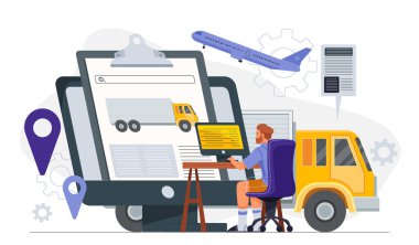 Lojistik takip sistemi için bilgisayar kullanan bir adam soyut arka planda kamyon, uçak ve pano, teslimat ve ulaşım sürecini sembolize ediyor. Vektör illüstrasyonu