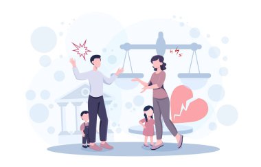 Çocukların önünde tartışan bir çiftin tasviri, kırık bir kalple, adalet terazisiyle ve arka planda adliye binasıyla. Boşanma ve velayet kavramı. Vektör illüstrasyonu