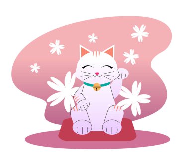 Beyaz çiçeklerle çevrili kırmızı bir yastığın üzerinde oturan sevimli, şanslı bir kedi. Pembe eğimli, soyut bir arka planda minimum düz bir tarzda. Vektör illüstrasyonu