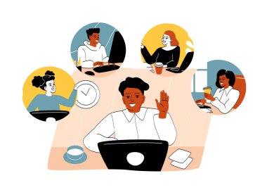 Çevrimiçi video toplantısında iletişim kuran bir grup farklı iş arkadaşı, beyaz arka planda düz çizgi film tarzı. Uzaktan çalışma ve takım işbirliği kavramı. Vektör illüstrasyonu