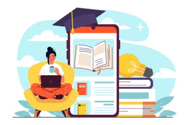 İnternette dizüstü bilgisayarla çalışan bir kadın, kitaplarla ve yumuşak mavi arka planda ampullerle çevrili, akıllı telefonun yanında oturan, kitapları gösteren bir sandalye. Vektör illüstrasyonu