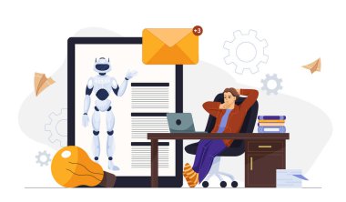 Etrafta e-posta ikonu, kitap ve ampulle dijital ekrandaki insansı robot görevlerle uğraşırken, bir adam masada dinleniyor. Yapay zeka verimliliği kavramı. Vektör illüstrasyonu