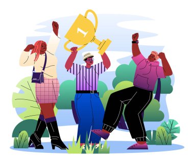 Üç farklı insan, arka planında ağaçlar ve yeşillik olan düz grafik tarzıyla parkta büyük bir altın kupayla kutlama yapıyor. Zafer kavramı. Vektör illüstrasyonu