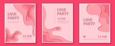 Katmanlı kağıt kesim şekilli pembe sevgililer günü posterleri ve yumuşak pembe arkaplanlı Love Party metni. Romantik kutlama kavramı. Vektör illüstrasyonu