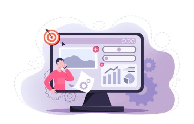 Geniş bir bilgisayar ekranındaki verileri analiz eden işadamı, çizelgeler, grafikler ve ayar simgeleriyle, düz bir şekilde, soyut bir arkaplanda. Veri analizi kavramı. Vektör illüstrasyonu