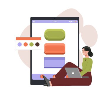 Büyük tabletin yanında dizüstü bilgisayarı olan bir kadın renkli kullanıcı arayüzü tuşları tasarlıyor, düz grafik tarzı, beyaz arkaplan. UI UX geliştirme kavramı. Vektör illüstrasyonu