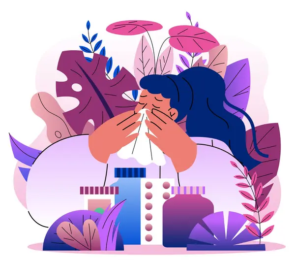 İlaç şişeleri ve haplarla çevrili bir mendilin içine hapşıran bir kadın, düz çizgi film tarzı, beyaz arka plan, hastalık ve alerji kavramı. Vektör illüstrasyonu