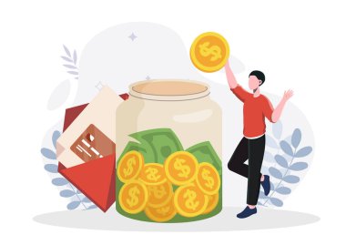 Elinde para ve sikkelerle dolu büyük bir kavanozun yanında para tutan bir adam. Beyaz arka planda, yapraklar ve zarflarla, kişisel tasarruf kavramı. Vektör illüstrasyonu