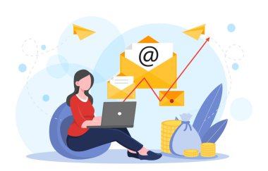 Dizüstü bilgisayarında uçan e-postalar, altın paralar ve soyut mavi arka planda yukarı doğru grafiklerle çalışan bir kadın. Dijital pazarlama ve çevrimiçi gelir kavramı. Vektör illüstrasyonu