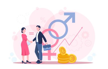 Kadın ve erkek, cinsiyet sembolleri, sikkeler ve soyut arka plandaki yukarı doğru grafiklerle eşit ücret ve işyeri eşitliğini sembolize ederek el sıkışıyor. Vektör illüstrasyonu