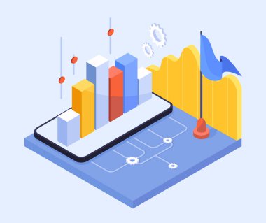 Dişliler ve bayrak, mavi arka planda izometrik tarzda akıllı telefon ekranından çıkan renkli çubuk ve çizgi çizelgeleri. Veri analizi kavramı. Vektör illüstrasyonu