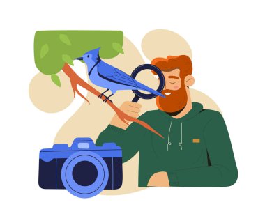 Sakallı adam ağaç dalında mavi kuşu izliyor. Büyüteçle, düz grafik tarzıyla, beyaz arka planla. Kuş izleme ve doğa çalışmaları kavramı. Vektör illüstrasyonu
