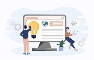 İki insan, ampul, küre ve metin elemanlarını gösteren büyük bir bilgisayar ekranı ile etkileşimde, düz bir arka planda, beyin fırtınası konseptinde. Vektör illüstrasyonu