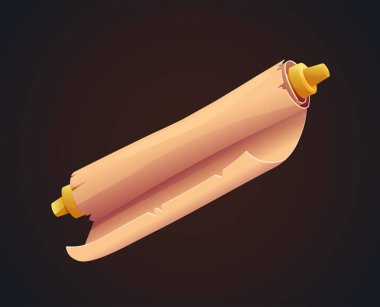 Yuvarlanmış altın uçlu antik parşömen tomarı, düz çizgi film tarzında stilize edilmiş, koyu renk arkaplan üzerine yerleştirilmiş. Tarih ve hikaye anlatma kavramı. Vektör illüstrasyonu