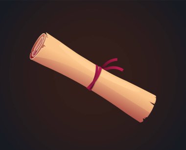 Yuvarlak parşömen tomarı kırmızı kurdeleyle bağlanmış, karikatür grafik tarzda, koyu renk eğimli bir arkaplanda izole edilmiş. Eski mesaj ya da belge kavramı. Vektör illüstrasyonu