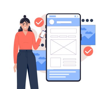Beyaz arka planda, uygulama tasarımı ve geliştirme konsepti üzerinde geniş mobil uygulama arayüzü düzeninin yanında duran akıllı telefonu tutan bir kadın. Vektör illüstrasyonu