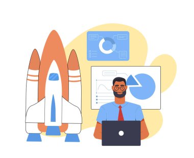 Roket ve veri tablolarının önünde dizüstü bilgisayarı olan bir adam, düz grafik şeklinde, beyaz arka planda, sarı şekilli. Başlangıç fırlatma ve analiz kavramı. Vektör illüstrasyonu