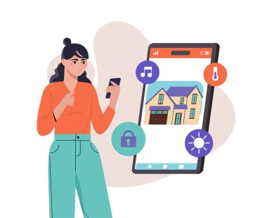 Akıllı telefon, düz grafik tarzı, soyut arka plan, ev otomasyonu ve dijital teknoloji kullanan akıllı ev aletlerini kontrol eden kadın. Vektör illüstrasyonu