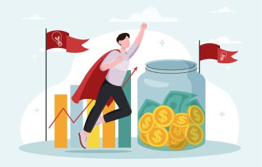 Süper kahraman pelerinli bir adam para dolu bir kavanoza doğru atlıyor, arka planında kırmızı bayraklar, finansal büyüme ve yeniliği sembolize ediyor. Vektör illüstrasyonu