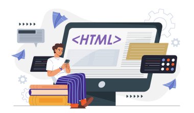 Geniş bir bilgisayar ekranının önünde akıllı telefon kullanan ve kodlama elemanlarıyla çevrili HTML kod etiketlerini gösteren genç bir insan. Web gelişimi kavramı. Vektör illüstrasyonu