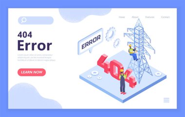 İki inşaat işçisinin beyaz ve mavi arkaplandaki 404 numaranın yakınındaki şanzıman kulesini tamir ettiği bir 404 hata sayfası. Web sitesi hatası kavramı. Vektör illüstrasyonu