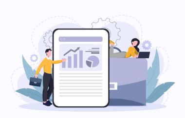 İş adamları dijital tablet, düz grafik tarzı, soyut bir arkaplan, veri analizi ve takım çalışması konsepti üzerinde grafikleri analiz ediyorlar. Vektör illüstrasyonu