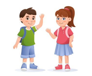 Sırt çantaları ve günlük giysiler giyen, birbirine el sallayan, beyaz arka planda çizgi film tarzı gülümseyen okul çocuğu ve kız öğrenci. Arkadaşlık kavramı. Vektör illüstrasyonu
