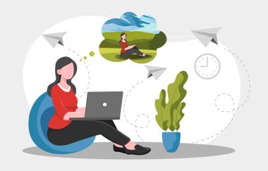 Diz üstü bilgisayarda çalışan bir kadın, sakin bir açık hava sahnesi hayal ederken, arka planda düz bir stil, uzaktan çalışma ve zihinsel kaçış kavramı. Vektör illüstrasyonu