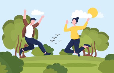 Ağaçlar, bulutlar ve kuşlarla dolu yeşil bir parkta parlak bir arka planda düz grafik şeklinde zıplayan iki neşeli insan. Mutluluk ve özgürlük kavramı. Vektör illüstrasyonu