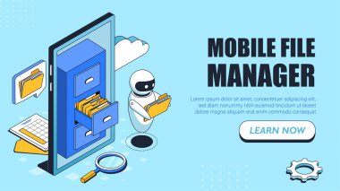 Akıllı telefonun yanında mavi arkaplanda bulut ve büyüteç ikonu olan akıllı telefon klasörünü tutan robot. Mobil dosya yönetimi kavramı. Vektör illüstrasyonu
