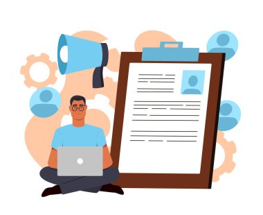 Dizüstü bilgisayarı olan bir adam geniş bir panonun yanında oturuyor, özgeçmişi olan, kullanıcı profilleri, vitesler ve beyaz arka planda bir megafon gibi simgelerle çevrili. Vektör illüstrasyonu