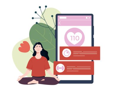 Büyük bir akıllı telefonun önünde meditasyon yapan bir kadın kalp atış hızı ve zindelik verilerini bembeyaz arka planda yaprakları ve çiçekleri olan düz bir şekilde gösteriyor. Refah kavramı. Vektör illüstrasyonu
