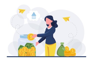 Kadın para dolu büyük bir kavanoza bozuk para koyuyor. Üstünde de parlak bir arka planda ev düşüncesi balonu var. Konut için para biriktirme kavramı. Vektör illüstrasyonu