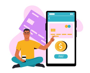 Kahveyle bacak bacak bacak üstüne atmış bir adam, akıllı telefonuyla iletişim kuruyor kredi kartı ekranıyla, renkli bir geçmişi var. Çevrimiçi ödeme kavramı. Vektör illüstrasyonu